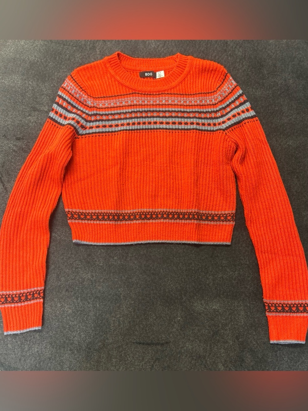 BDG Bright Orange Cropped Fair Isle Crewneck Sweater